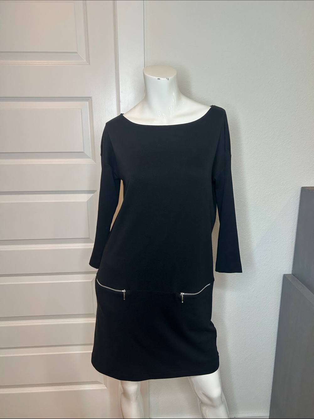 Joan Vass Black Long-Sleeve Boatneck Dress with Zip Details